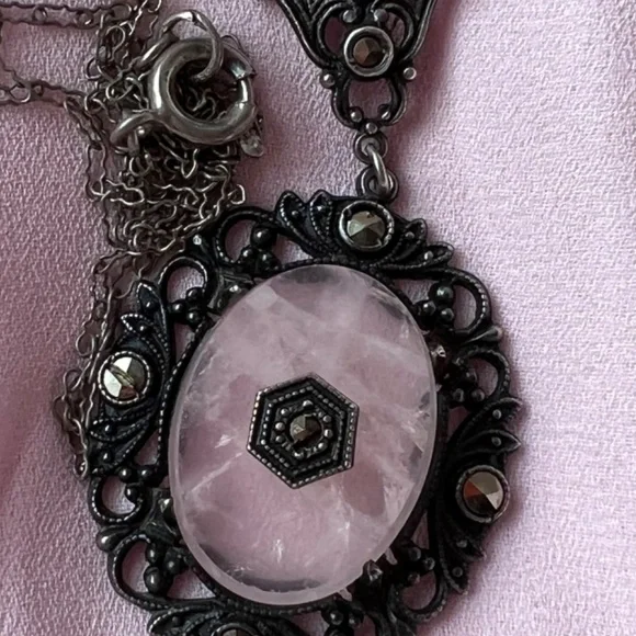 ANTIQUE ROSE QUARTZ MARCASITE STERLING SILVER NECKLACE PENDANT W/CHAIN GERMANY